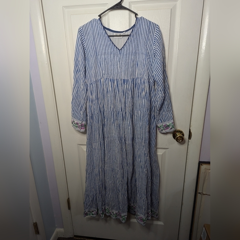 SZ Blockprints Womens Dress Blue White Stripes India Cotton Size Small Piling